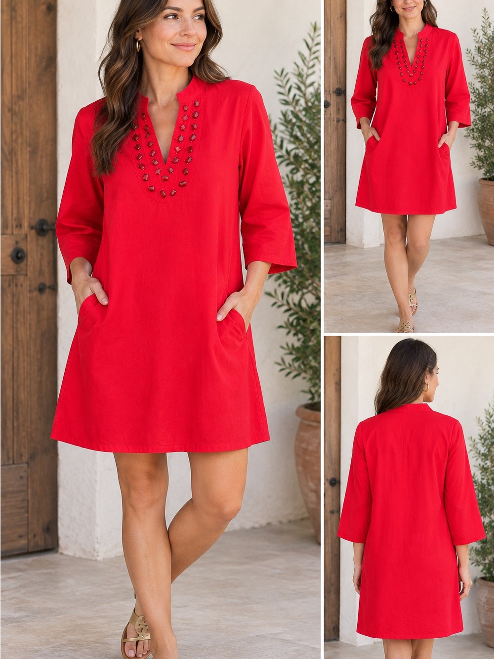 Caryn Lawn Red Embellished V-Neck Pocketed Mini Dress Size 2 (6-12)
